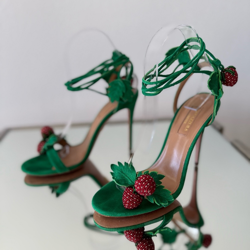 EUC Aquazzura Green Fragolina 105 Embellished Suede Sandals 37 $1,295 - Picture 10 of 17